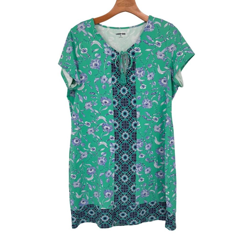 Lands End Womens Floral Print Short Sleeve Dress Green knit Size Medium